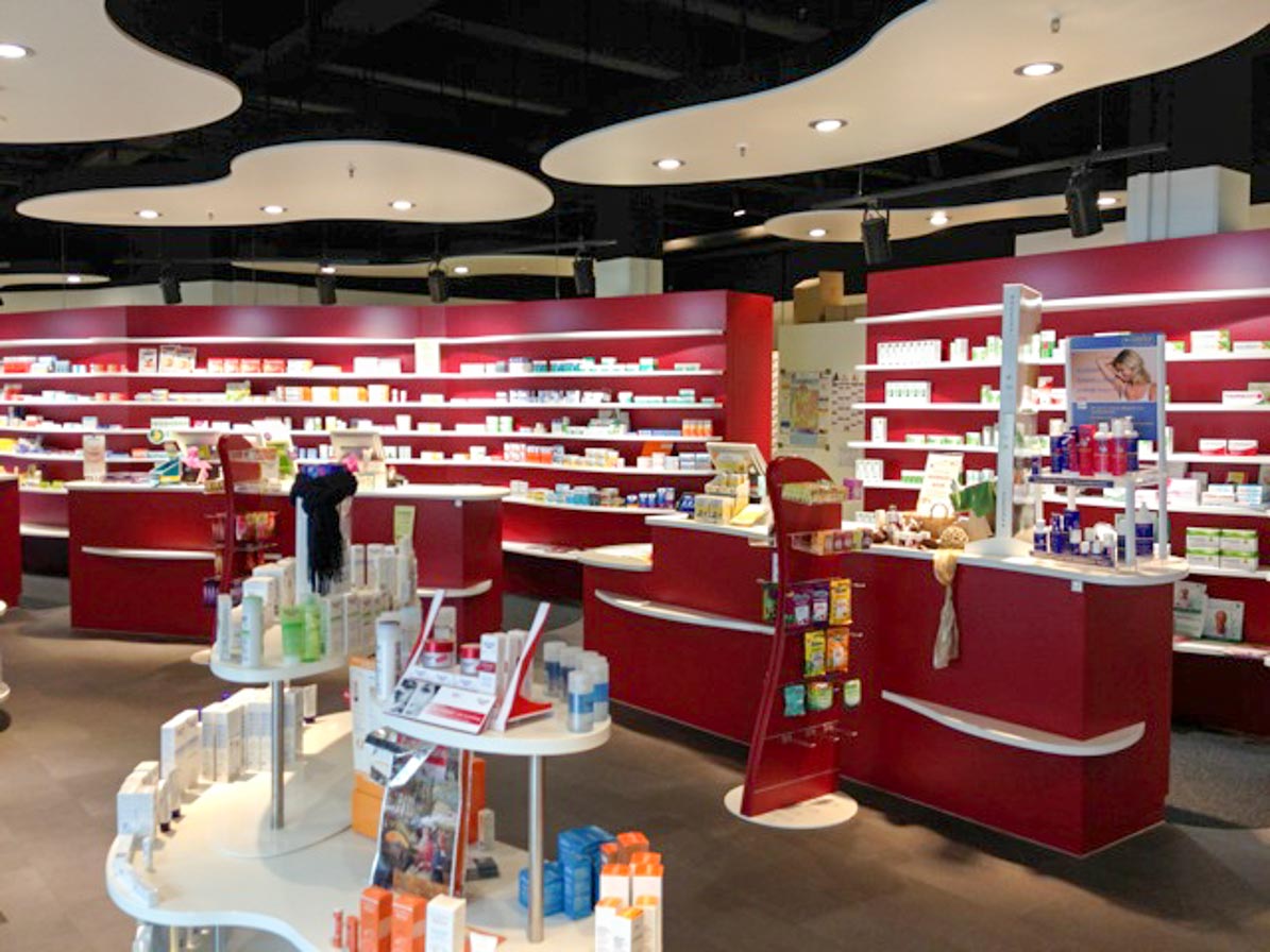 Old red-and-white pharmacy interior
