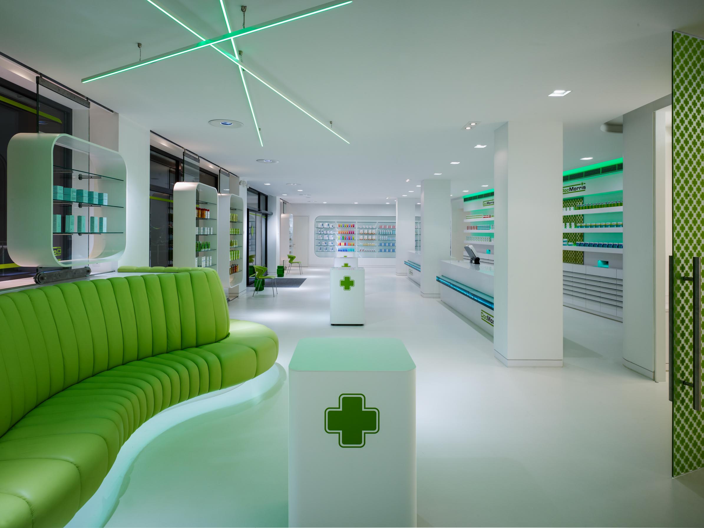 DocMorris Pharmacy with green lighting