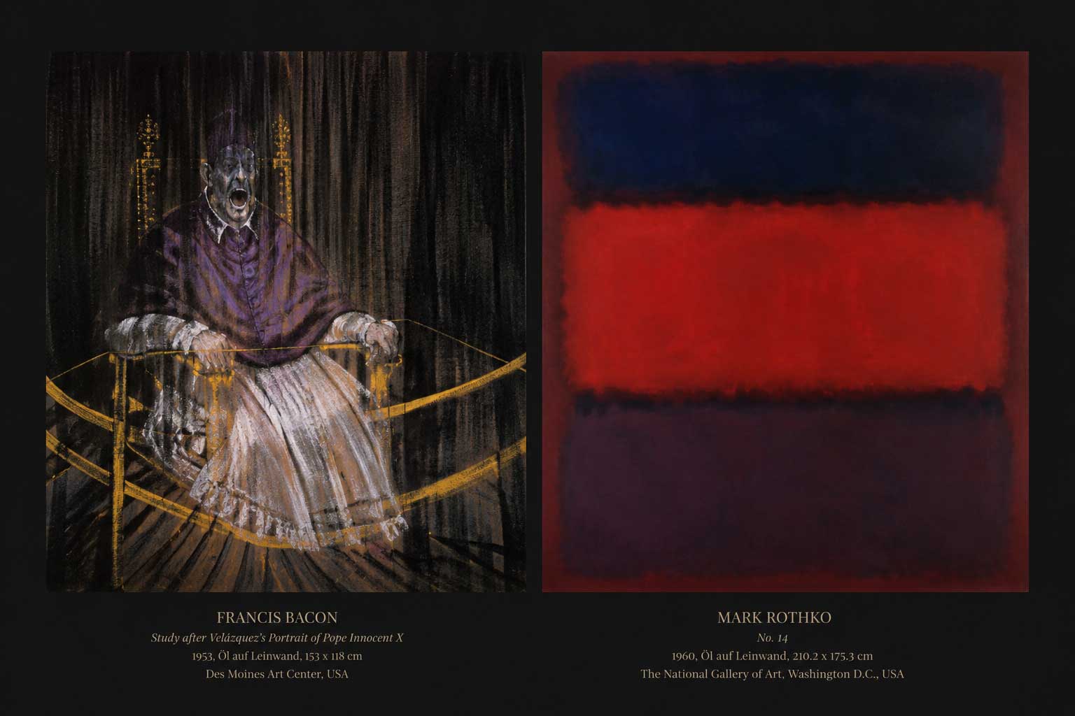 Gegenüberstellung von Kunstwerken: Study after Velazquez von Francis Bacon und No. 14 von Mark Rothko als gestalterische Inspiration