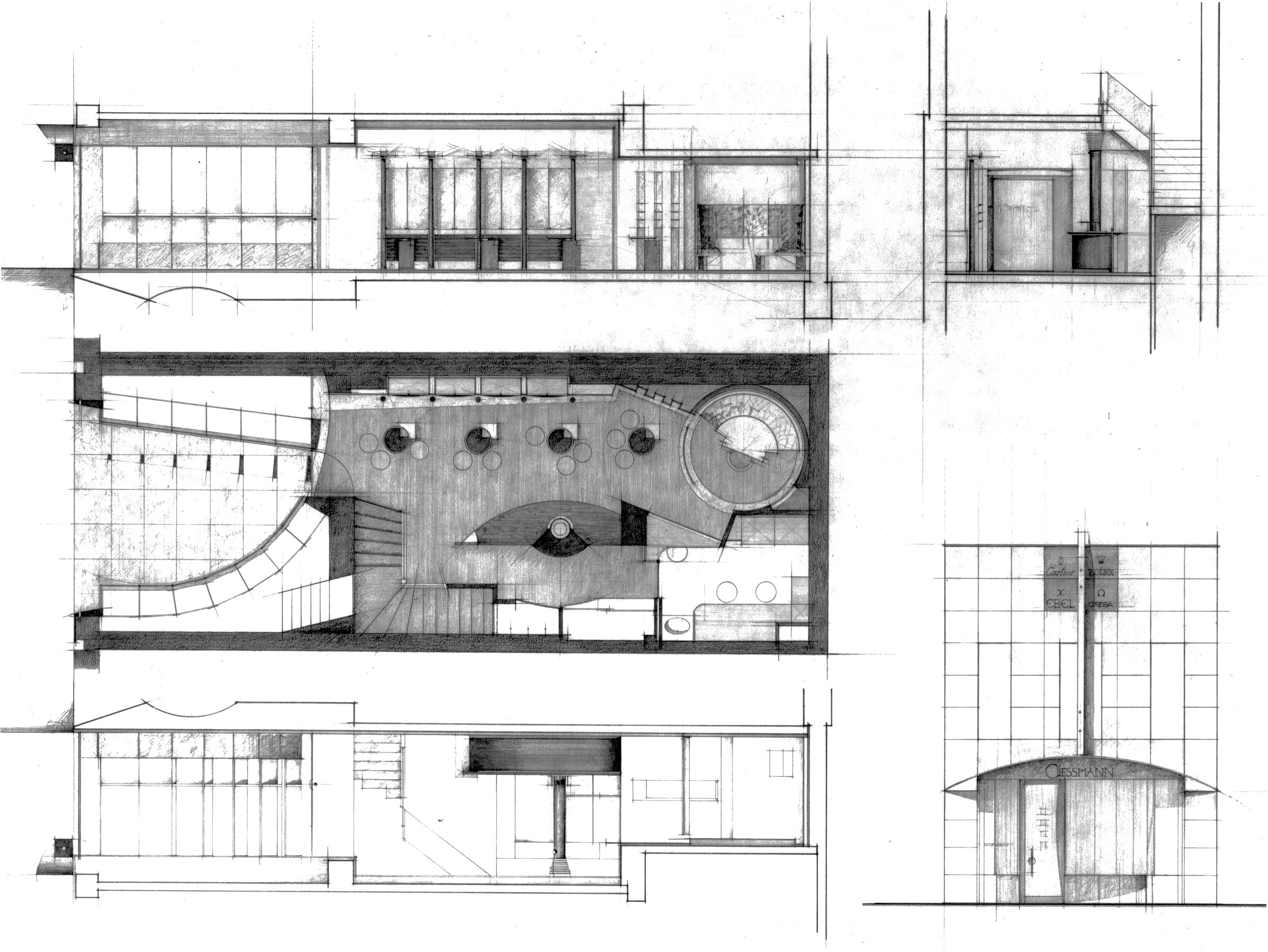 Plans, elevations and floor plan for the Giessmann watch shop